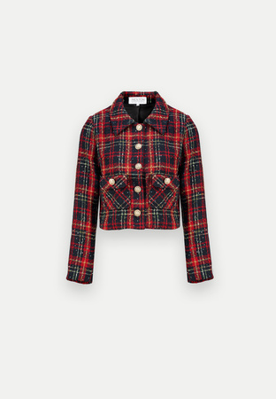 Czerwony krótki żakiet w kratę z odpinaną kokardą