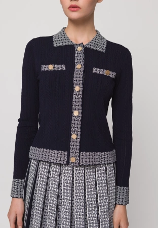 Granatowy kardigan z ozdobnym wykończeniem