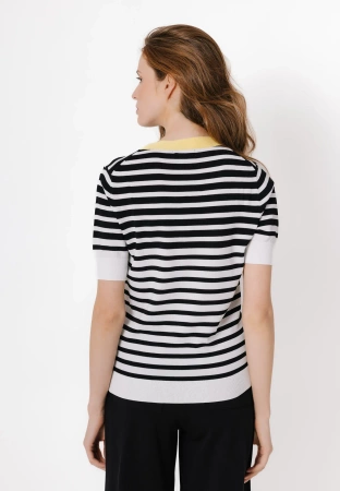 Dzianinowa bluzka w czarno-białe paski z żółtą lamówką