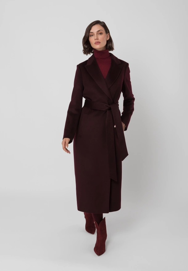 Długi bordowy płaszcz 100% wełna