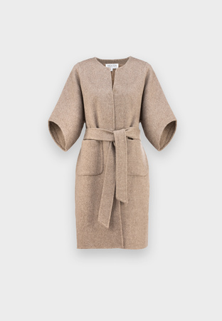 Beżowy wełniany płaszcz z wiązaniem