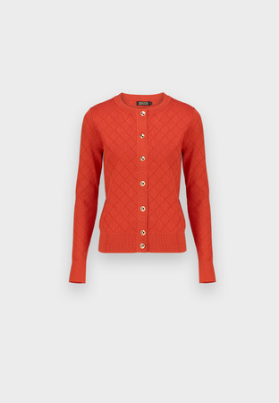 Ceglany kardigan ze złotymi guzikami i tłoczeniem w romby