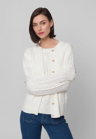 Ecru kardigan w warkoczowy splot