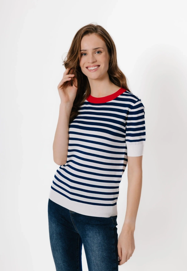 Dzianinowa bluzka w granatowo-białe paski z czerwoną lamówką