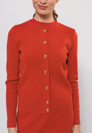 Ceglany kardigan ze złotymi guzikami i tłoczeniem w romby