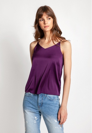 Fioletowy satynowy top na cienkich ramiączkach