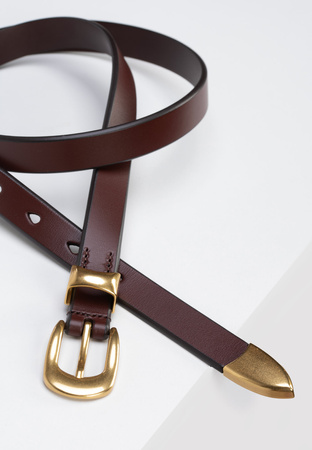 Skórzany pasek w kolorze brązowym ze złotym wykończeniem