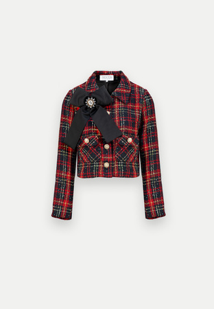 Czerwony krótki żakiet w kratę z odpinaną kokardą