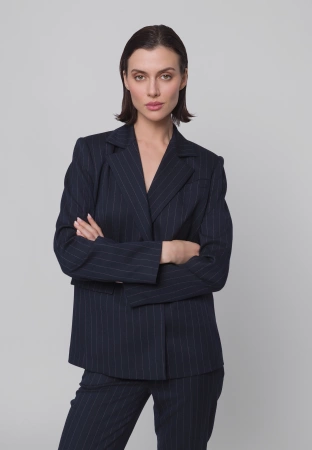 Granatowy dwurzędowy żakiet w prążek