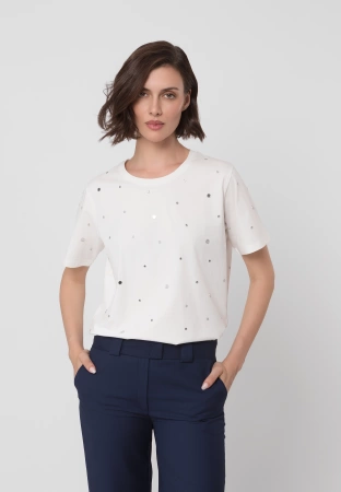 Ecru bawełniany t-shirt z dżetami
