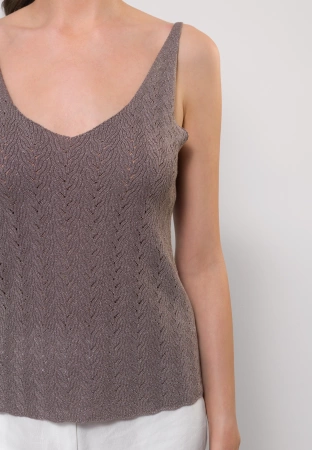 Brązowa ażurowa bluzka na ramiączka ze srebrną nitką