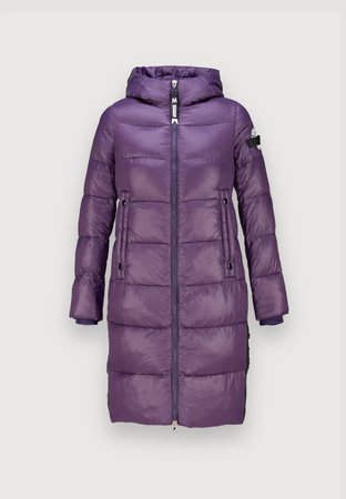 Fioletowa długa kurtka z kapturem