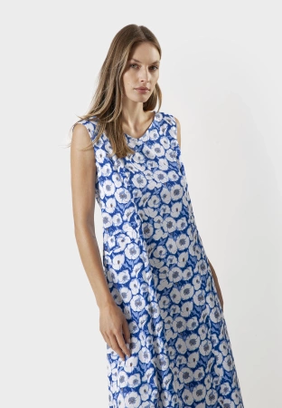 Długa niebieska sukienka z wiskozy w kwiatowy wzór