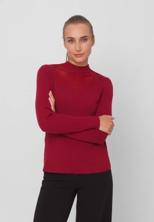 Bordowy dzianinowy półgolf z ażurowym dekoltem
