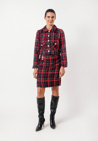 Czerwony krótki żakiet w kratę z odpinaną kokardą