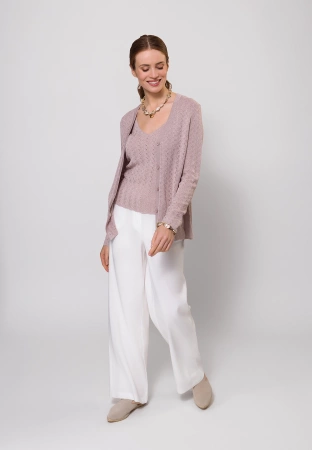 Różowy ażurowy kardigan ze srebrną nitką