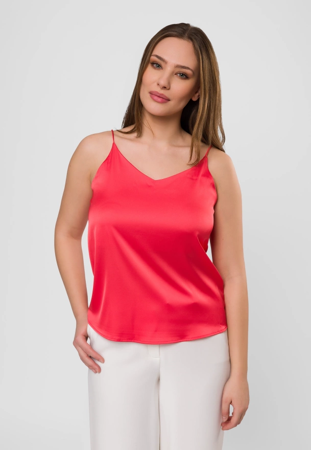 Koralowy satynowy top na cienkich ramiączkach
