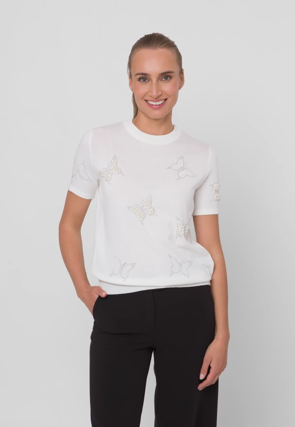 Ecru dzianinowa bluzka z motywem motyli