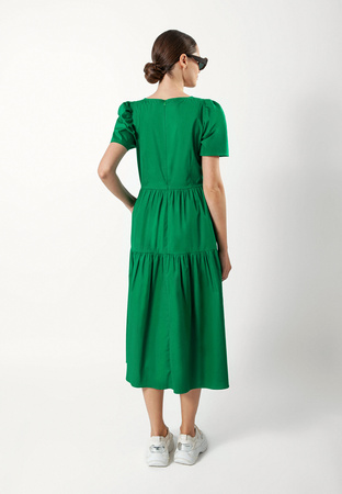 Popelinowa zielona sukienka z falbaniastym dołem