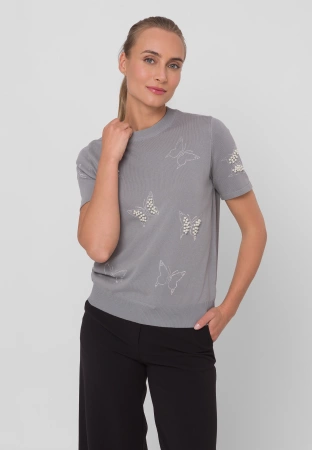 Szara dzianinowa bluzka z motywem motyli