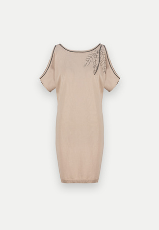 Beżowa dzianinowa sukienka z odkrytymi ramionami