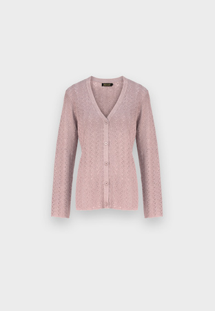 Różowy ażurowy kardigan ze srebrną nitką