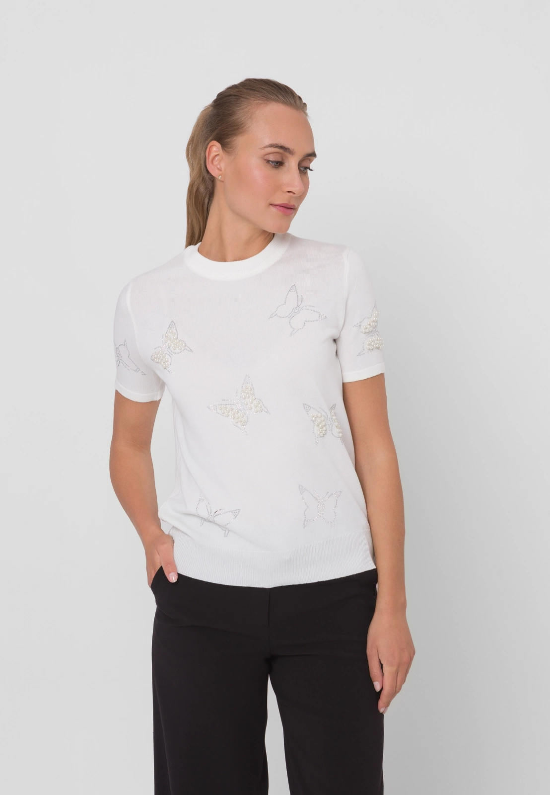 Ecru dzianinowa bluzka z motywem motyli