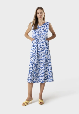 Długa niebieska sukienka z wiskozy w kwiatowy wzór