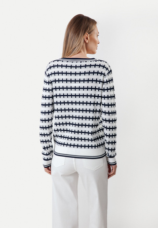 Biało-granatowy dzianinowy kardigan z wzorem