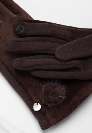 Brązowe rękawiczki z naturalnym pomponem