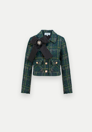 Zielony krótki żakiet w kratę z odpinaną kokardą