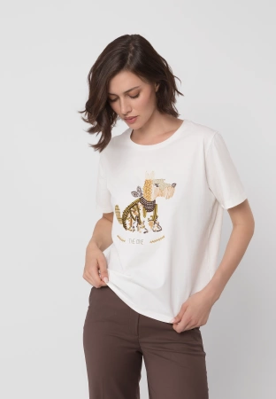 Bawełniany t-shirt ecru z aplikacją