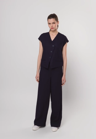 Granatowe szerokie spodnie z wiskozą i lnem