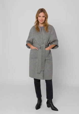 Szary wełniany płaszcz z wiązaniem