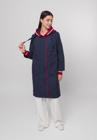 Granatowy płaszcz z czerwonymi ściągaczami
