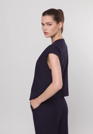 Granatowa kamizelka z asymetrycznym zapięciem z wiskozą i lnem