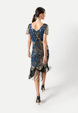 Niebieska sukienka z cekinami i frędzlami