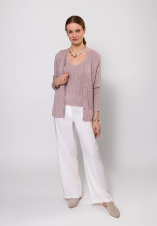 Różowy ażurowy kardigan ze srebrną nitką