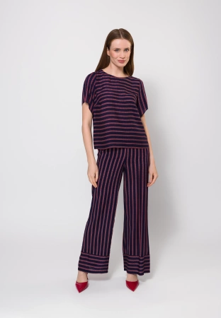 Szerokie wiskozowe spodnie w bordowo-granatowe paski