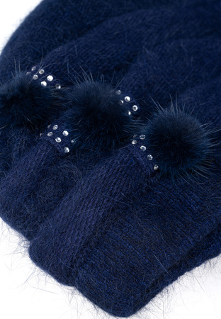 Granatowa dzianinowa czapka z naturalnym włosiem