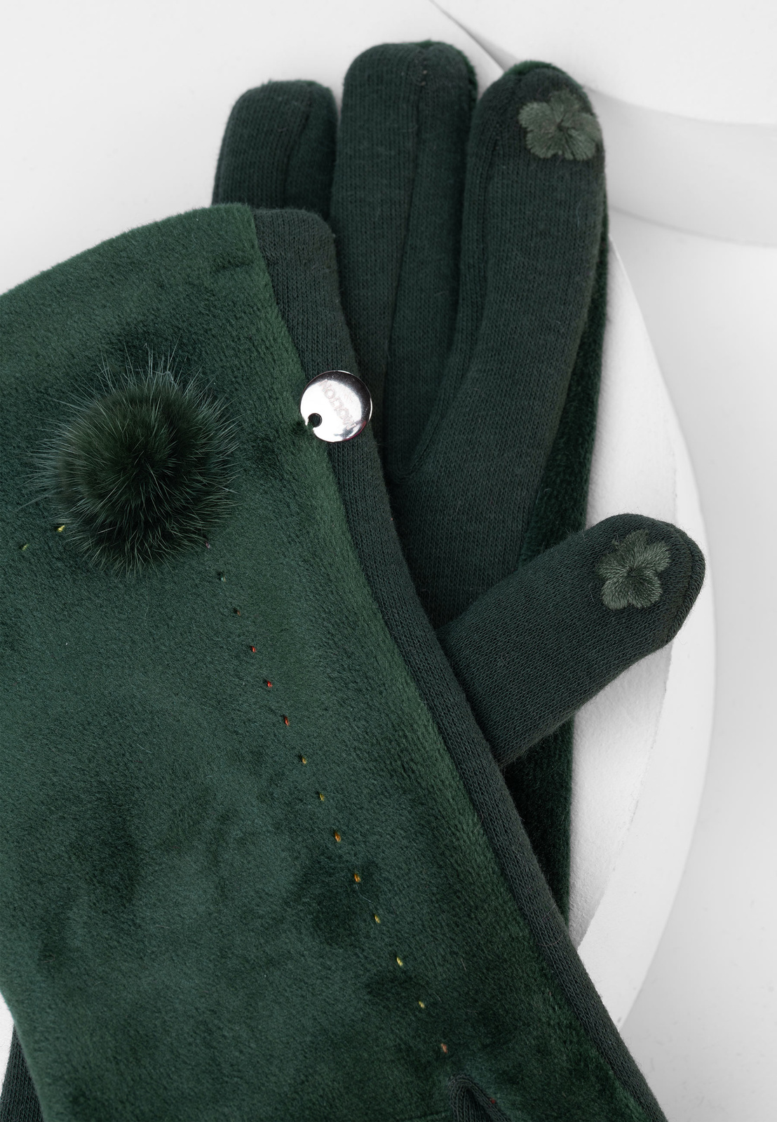 Zielone rękawiczki z naturalnym pomponem