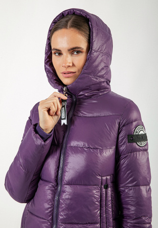 Fioletowa długa kurtka z kapturem