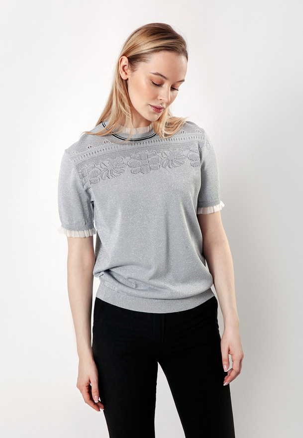 Srebrna wiskozowa bluzka z dzianiny