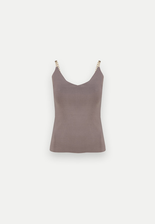 Brązowy top z biżuteryjnymi ramiączkami