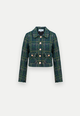 Zielony krótki żakiet w kratę z odpinaną kokardą
