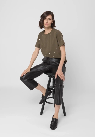 Khaki bawełniany t-shirt z dżetami
