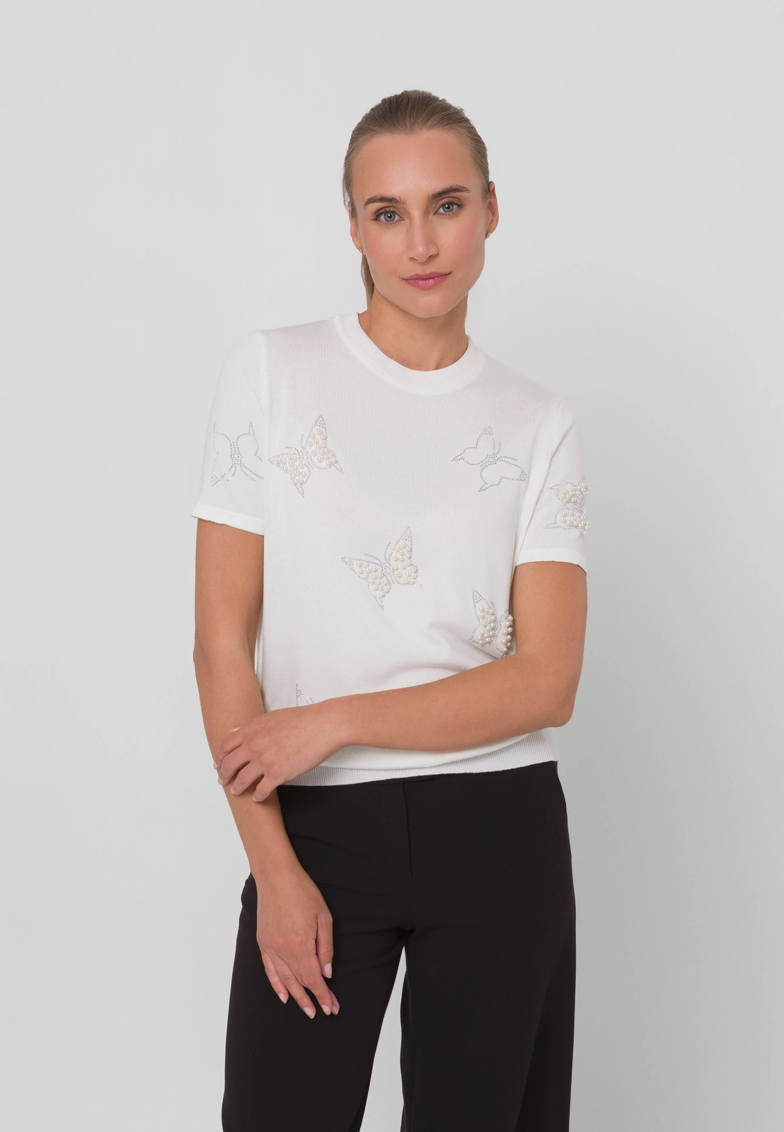 Ecru dzianinowa bluzka z motywem motyli