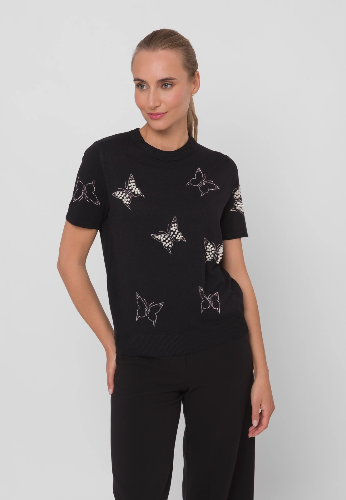 Czarna dzianinowa bluzka z motywem motyli