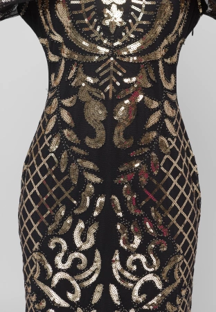 Czarna wizytowa sukienka wyszywana złotymi cekinami