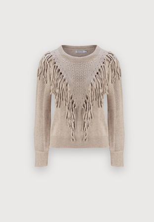 Beżowy sweter z frędzlami i ażurowymi rękawami